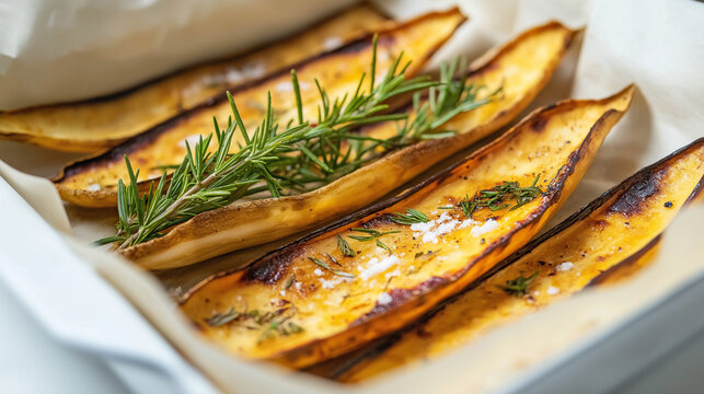 Tray of crispy homemade Tarul root chips, lightly seasoned with sea salt and fresh rosemary. Golden-brown chips with purple marbling, served in parchment-lined basket on white ceramic plate.