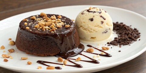 A decadent chocolate lava cake with molten center and vanilla ice cream on the side