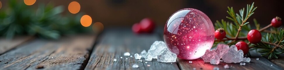 Fototapeta premium Rosa colored glass sphere filled with glitter inside a clear frosty ice on a wooden table, holly and berries, glitter