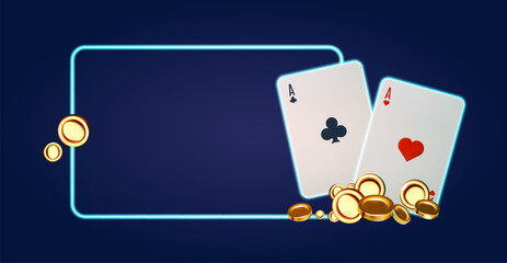 Online casino, welcome bonus, win banner, jackpot, poker, card suits, cards and money. Cards and coins. Gambling design