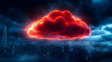 A dramatic red cloud looms over a city skyline, creating an intense and surreal atmosphere. Perfect for creative projects and storytelling.