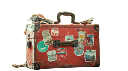 Red suitcase covered in travel stickers on a wooden surface ready for an adventure or vacation trip isolated on transparent background.