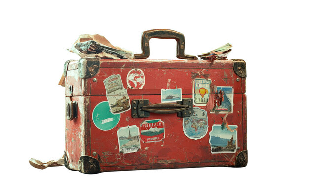 Red suitcase covered in travel stickers on a wooden surface ready for an adventure or vacation trip isolated on transparent background.
