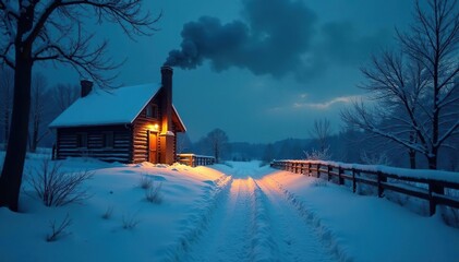 Snowy night scene with smoke from chimney in distance, frosty, distant, rustic