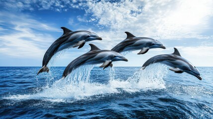 Fototapeta premium A group of playful dolphins leaping from the ocean, surrounded by glistening blue waters and clear skies.