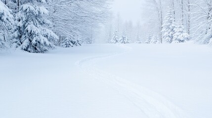 Obraz premium Snowy winter forest path, tranquil landscape, snow-covered trees, peaceful nature scene, ideal for winter sports