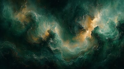 Fototapeta premium Dark Green and Gold Hues Form Wispy Cloud Structures in Space