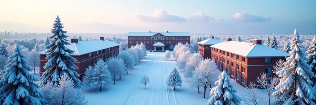 Vladivostok FEFU campus with snow-covered trees and buildings, frost, landscape, frosty mornings