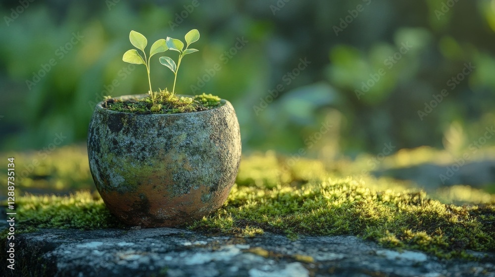 Poster small green seedlings growing in a rustic clay pot covered with moss on a stone ledge in a lush gard