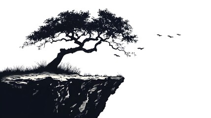 a tree on a cliff vector stencil design, black on white laser engraving