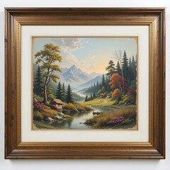 Framed landscape painting on a white background.