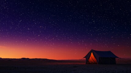 Serene Desert Tent Under a Starry Sky with Vibrant Sunset Colors and Tranquil Atmosphere