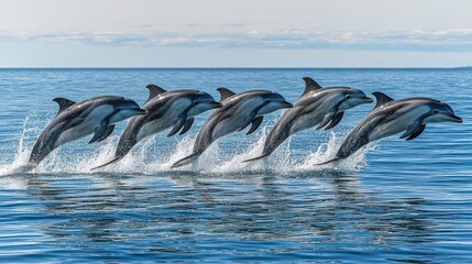 Fototapeta premium A group of playful dolphins leaping from the ocean, surrounded by glistening blue waters and clear skies.