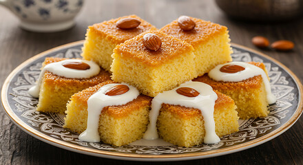 Close-up of elegant Basbousa dessert on wooden table with almond topping and cream, showcasing moist sponge soaked in rich syrup