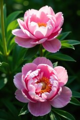 Soft pink peony flowers in a lush green foliage with deep shadow, pink peonies, shadows, garden flowers