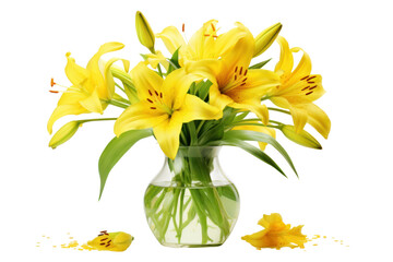 Obraz premium Yellow lilies in a glass vase with water droplets on petals creating a fresh look isolated on white background