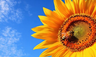 Bee pollinating sunflower under blue sky, close-up nature photo for various uses