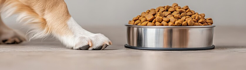 A close-up of a dog's paw reaching for a bowl of dry food, emphasizing the pet's eager anticipation...