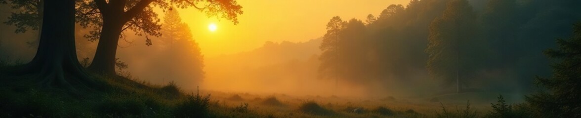 Golden haze shrouds mystical forest landscape, misty, eerie, shadowy