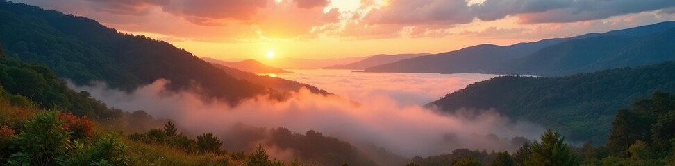Fototapeta premium Silky mist rises from valley floor as morning sun climbs higher, scenery, clouds, dawn