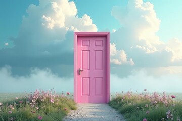 Pink door in a misty blue sky with fluffy clouds, romantic atmosphere, peaceful ambiance, gentle light