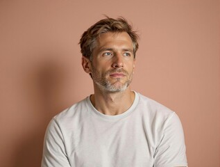 Portrait studio d’un homme sur fond coloré beige rosé