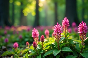 Pink heather flowers in a shaded, woodland environment, wildlife, forest