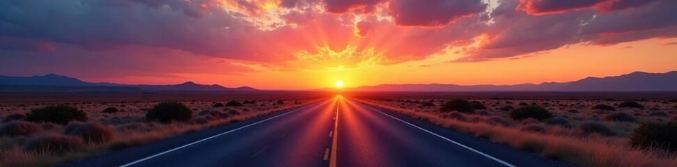 Sunset highway stretching into a vast open space, vast, distance