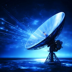 A futuristic satellite dish capturing signals, surrounded by a starry blue sky. Ideal for technology and communication concepts.