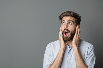 Portrait studio d’un homme qui se bouche les oreilles sur fond coloré gris