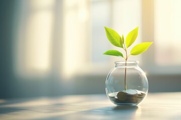 Growing Plant in Glass Jar with Coins Against Soft Natural Light