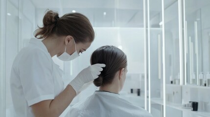 Fototapeta premium Hair restoration procedure in a clean, bright clinic. Featuring rejuvenation treatments and non-invasive regrowth techniques