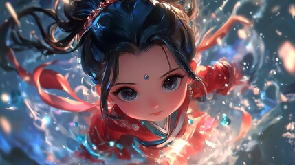 Enchanting Young Nezha Girl in Traditional Attire Surrounded by Magical Flames and Lights