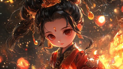 Enchanting Young Nezha Girl in Traditional Attire Surrounded by Magical Flames and Lights