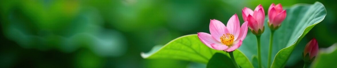 Fototapeta premium Pink flowers peeking from behind a green leaf, hidden blossom, botanical, plant life