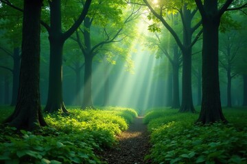 Fototapeta premium Forest of green trees with mist rising from the forest floor,, forest floor
