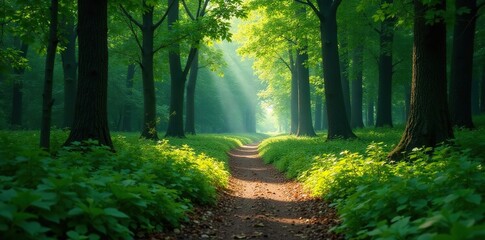 Obraz premium Forest path winding through dense undergrowth, landscape, trail, trees