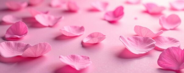 Fuzzy rose petals scattered on a soft pink background, pastel, pink glitter background