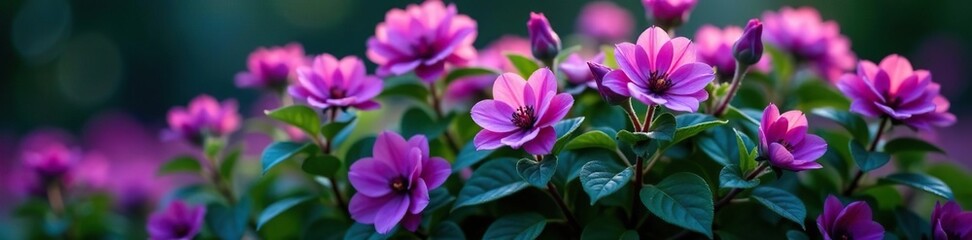 Fototapeta premium Low-growing, compact shrub with deep purple flowers and dark green leaves, flower, botanical