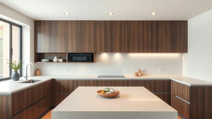 Minimalist Kitchen Design Featuring Natural Wood Accents, Clean Lines, and Functional Space