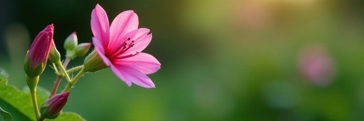 Fototapeta premium Pink Evening Primrose stem with tiny white flowers in the garden, botany, flowers, pink flowers