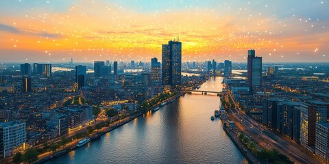 Fototapeta premium A stunning cityscape view showcases a river and modern buildings