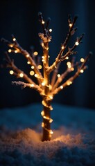 Naklejka premium A delicate arrangement of white fairy lights forming a full circle around a tree, dark branches, festive atmosphere