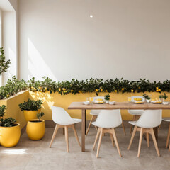 Photo mock up of a light cozy cafe interior in a Mediterranean style with wooden furniture and a lemon tree decorations