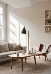Photo mock up of a cozy living room interior in a minimal style, beige and brown color palette