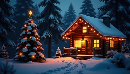 Fototapeta premium Cozy cabin illuminated by twinkling Christmas tree lights, warm ambiance, soft focus