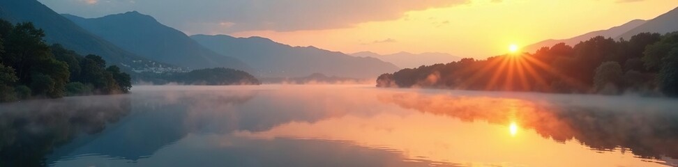 Fototapeta premium Golden hour mist rising from a calm lake amidst rolling hills and distant mountains, sky evening landscape, rolling hills