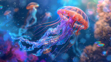 Ethereal glowing jellyfish floating in a colorful digital ocean 