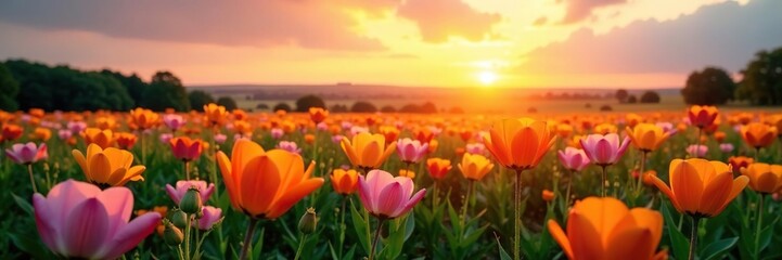 Sunset background with a field of colorful flowers swaying gently, natural, flowers colors, fields