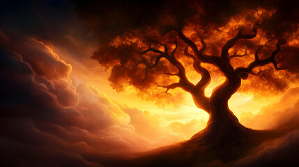 A majestic tree silhouetted against a vibrant sunset, highlighting nature's beauty and tranquility. Perfect for serene decor.